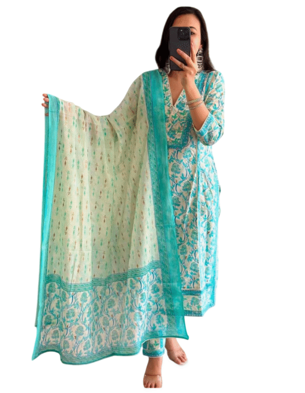 Women's Cotton Green Kurti with Floral Print,Anarkali 3pc set Size -M